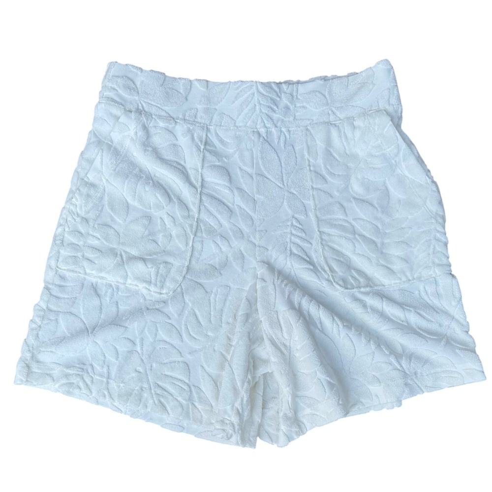 Chicos White Terry Cloth Tropical Leaf Embossed Shorts Womens Size 0 Small
